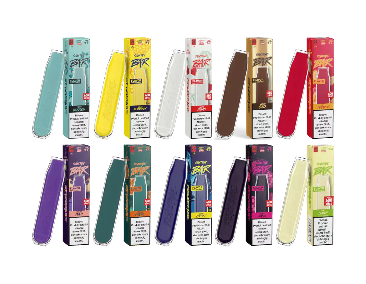Bunte Vape Refill Packs in verschiedenen Geschmacksvarianten, jeweils mit Verpackung und Produktbeschreibung.