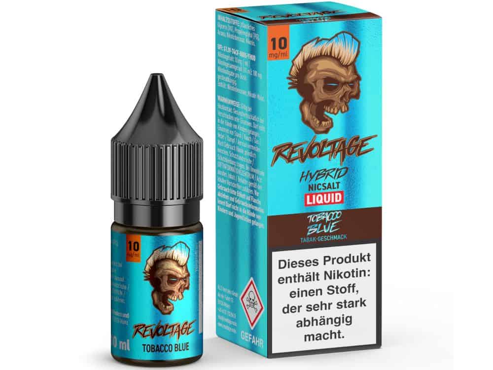Revoltage Tobacco Blue Hybrid Nikotinsalz Liquid 1 Ambitioniertes Bild eines Liquids für E-Zigaretten mit Blauer Verpackung und Skull-Motiv, inklusive Nikotinstickung, geeignet für den E-Zigaretten-Shop LETZ Go.