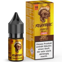 Revoltage Hybrid NicSalt Liquid Tabak-Geschmack, 10 ml, flüssiges E-Zigaretten-Produkt mit hohem Nikotinanteil, Biohazard-Sicherheitswarnung, Karamell Geschmack, für Dampfer geeignet.