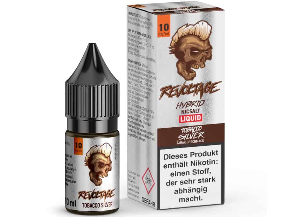 Revoltage Tobacco Silver Hybrid Nikotinsalz Liquid 1 Revoltage Hybrid Liquid Tabak-Geschmack, 10ml, Tobacco Silver, für E-Zigaretten, nikotinhaltig, starker Nikotin, mit Skull-Design, ansprechendes Verpackungsdesign, hochwertiges Liquid, Rauchersatz, Tabakgeschmack, E-Liquid Refill, E-Zigaretten-Accessoire, Dampfliquid, Aromavielfalt, Dampferbedarf.