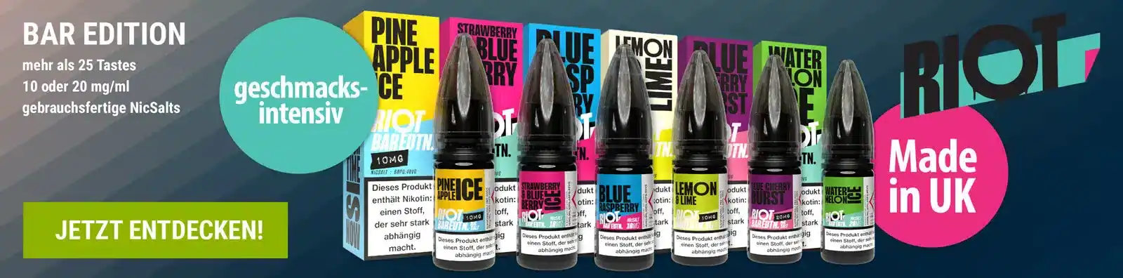 Bunte E-Zigaretten-Aromen in verschiedenen Geschmacksrichtungen, perfekt für Vape-Liebhaber, hochwertig und in UK hergestellt.