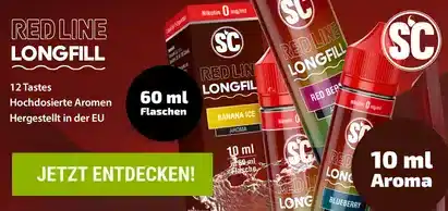 10 ml Aroma Flasche mit rotem Deckel und länglichem Design, passend für E-Zigaretten.