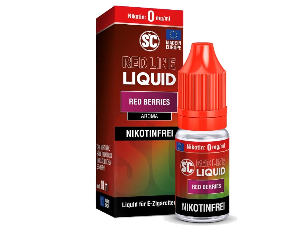 SC - Red Line - Red Berries V2 - Nikotinsalz Liquid 1 Schwarze und rote E-Zigaretten Liquid Flasche mit Verpackung, Geschmacksrichtung Red Berries, nikotinfrei, für Vaping, 10ml, in Deutschland hergestellt.