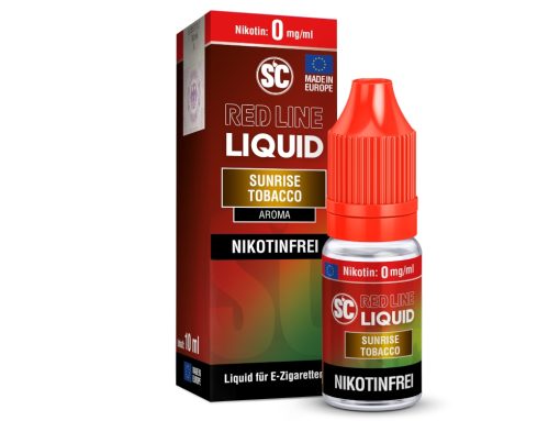 Nahezu nikotinfreier E-Zigaretten-Liquid mit tropischem Sunrise Tobacco Aroma in roter Verpackung, 10 ml, für rauchfreies Dampfen, ohne Nikotin, bei LETZ Go erhältlich.