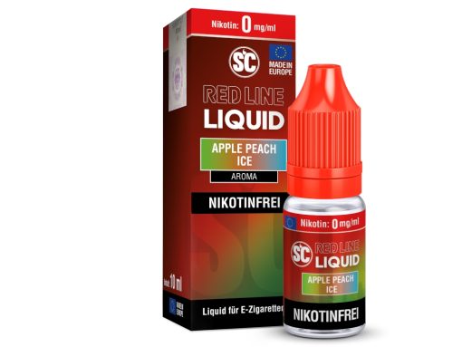 Frisch duftender Red Line Liquid E-Liquid in Apfel Pfirsich Eis Geschmack, nikotinfrei, 10 ml Flasche, geeignet für E-Zigaretten.