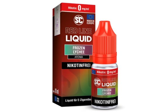 Dosen- und Flaschenbild des SC Red Line Liquid mit dem Geschmack Frozen Lychee, nikotinfrei, für E-Zigaretten, 10 ml Flasche, in rotem Design und mit attraktiven Farben.