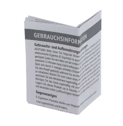 Gebrauchsinformation für E-Zigaretten und Akkus, Warnhinweise und Hinweise zur sicheren Nutzung im Rahmen des Rauchens.