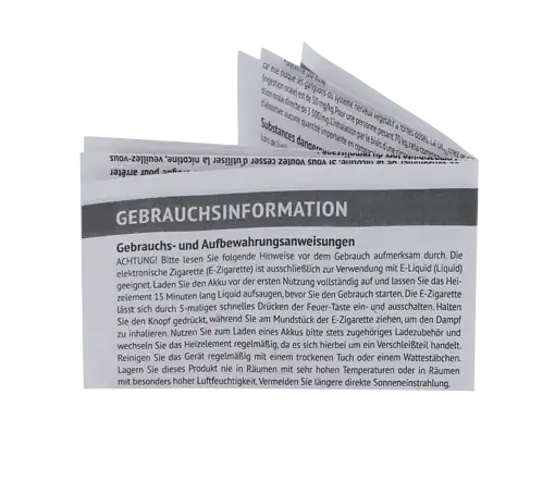 Gebrauchsanweisung für E-Zigaretten und E-Liquids, detaillierte Anleitung, Sicherheitshinweise, Reinigungstipps, Zubehör, Warnhinweise vor Gefahren, Hinweise zur Lagerung, Raucherentwöhnung, alternativer Dampfgenuss, Akkupflege, Impfpapiere, Produktinformationen.