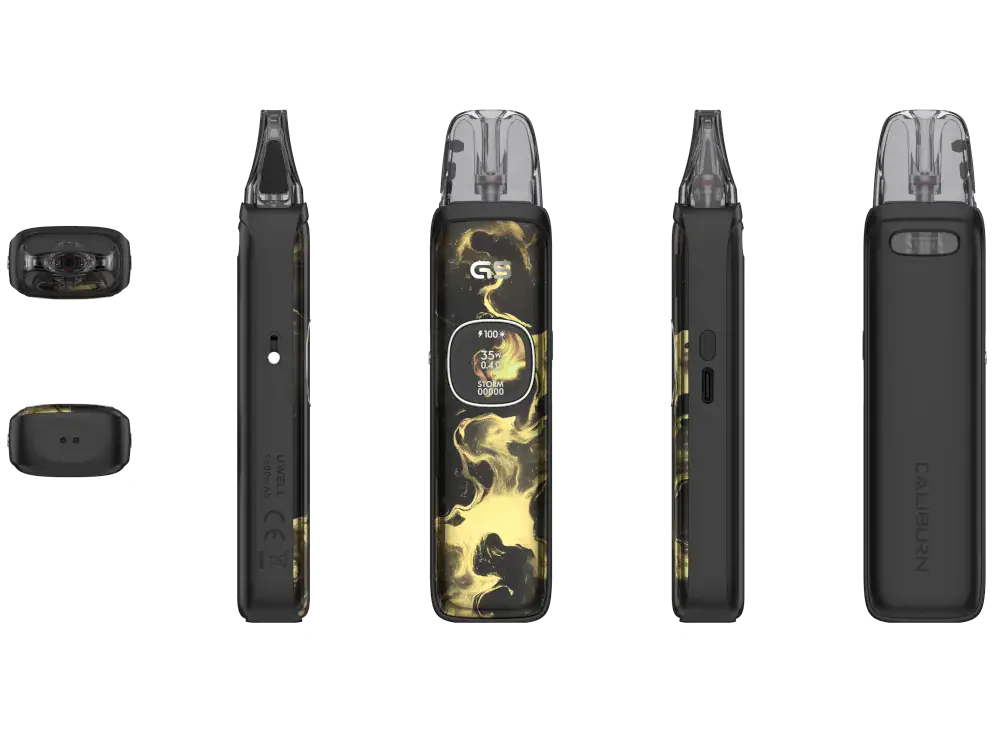 Das Uwell Caliburn G5 Pod Kit überzeugt mit 1600 mAh Akku, 35 Watt, OLED-Display mit 9 Themes und PRO-FOCS 4.0 Technologie. Storm & Waves Mode, Side-Fill, stufenlose Airflow und USB-C Fast Charge. Kompatibel mit Caliburn G3 und G4 Pods – inklusive 0,6 & 0,9 Ohm GPP Alpha Pod.