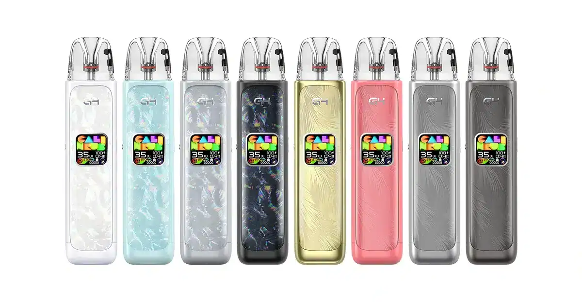 Vape Pen in verschiedenen Farben, inklusive weiß, blau, schwarz, gold, pink, silber und grau, mit modischem Design und modernem Display.