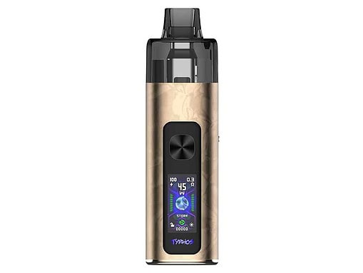 Hochwertiger Vape, goldene Oberfläche, farbiger LED-Display, kompakte Bauform, modern und stylish.
