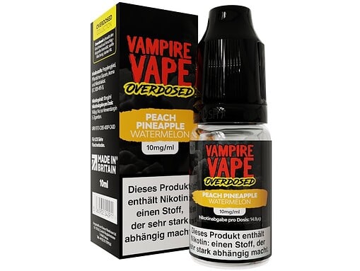 Vampire Vape Overdose E-Liquid Flasche und Verpackung mit Peach Pineapple Watermelon Geschmack, 10ml, nicotine Staubf.