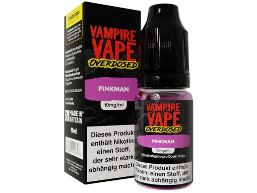 Vampire Vape Overdose Pinkman Liquidflasche mit Nikotinsirup, 10 ml, pinkes Design, für E-Zigaretten und Dampfer.