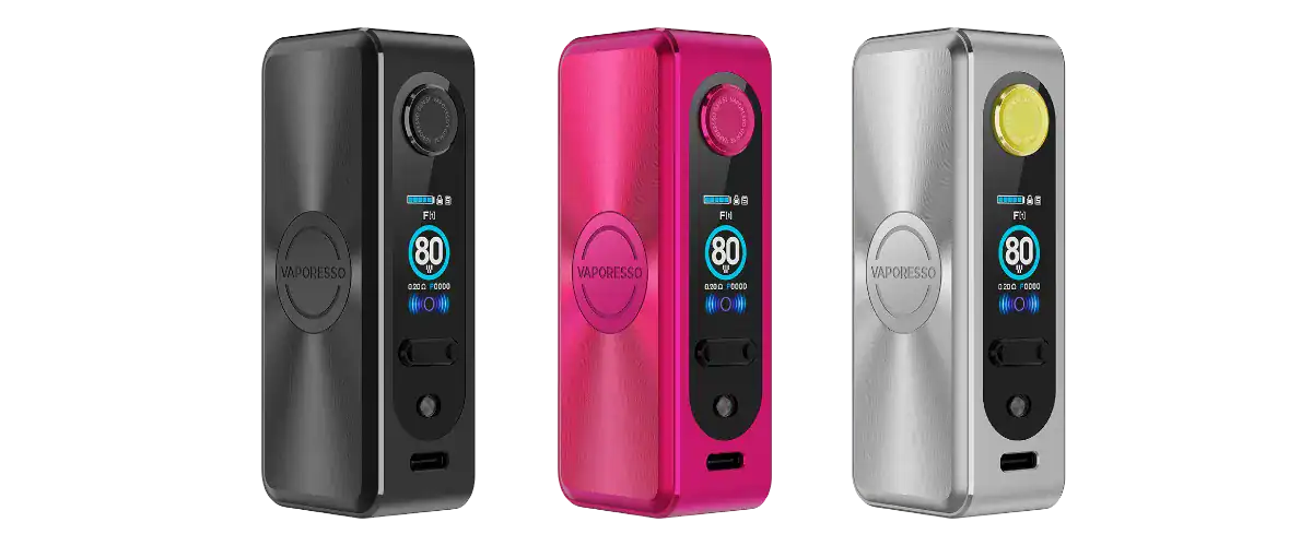 Vaporesso GEN S 80W Serie tragbare E-Zigarette in Schwarz, Pink und Silber, moderne Mod-Designs mit OLED-Display, einstellbarer Wattzahl, langlebige Akkus, ideal für Dampfer.
