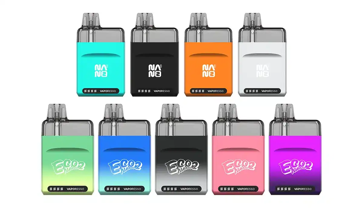Atemberaubende Ansicht von acht verschiedenfarbigen Vapers: Schwarz, Weiß, Blau, Grün, Rosa, Orange und Lila, mit unsichtbaren, abgestimmten LED-Displays im eleganten Design.