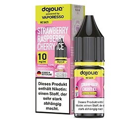 Das Dojoliq Strawberry Raspberry Cherry Ice Nikotinsalz Liquid vereint die Aromen von Erdbeere, Himbeere und Kirsche mit einer angenehmen Kühle. Erhältlich in 10 ml mit 10 mg/ml oder 20 mg/ml Nikotin. Gebrauchsfertig, kompatibel mit Pod-Systemen und MTL-Geräten. Jetzt im Letz Go Shop bestellen.