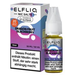 ELFLIQ Dragon Fruit Blackberry Nikotinsalz Liquid – 10 ml Fertigliquid von Elfbar mit exotischer Drachenfrucht und reifer Brombeere. Direkt dampfbar, keine Vorbereitung nötig. Erhältlich in 10 mg/ml und 20 mg/ml. Ideal für Pod-Systeme und MTL-Verdampfer. 50/50 PG/VG-Verhältnis für intensiven Geschmack. Jetzt im LETZ Go Shop bestellen.