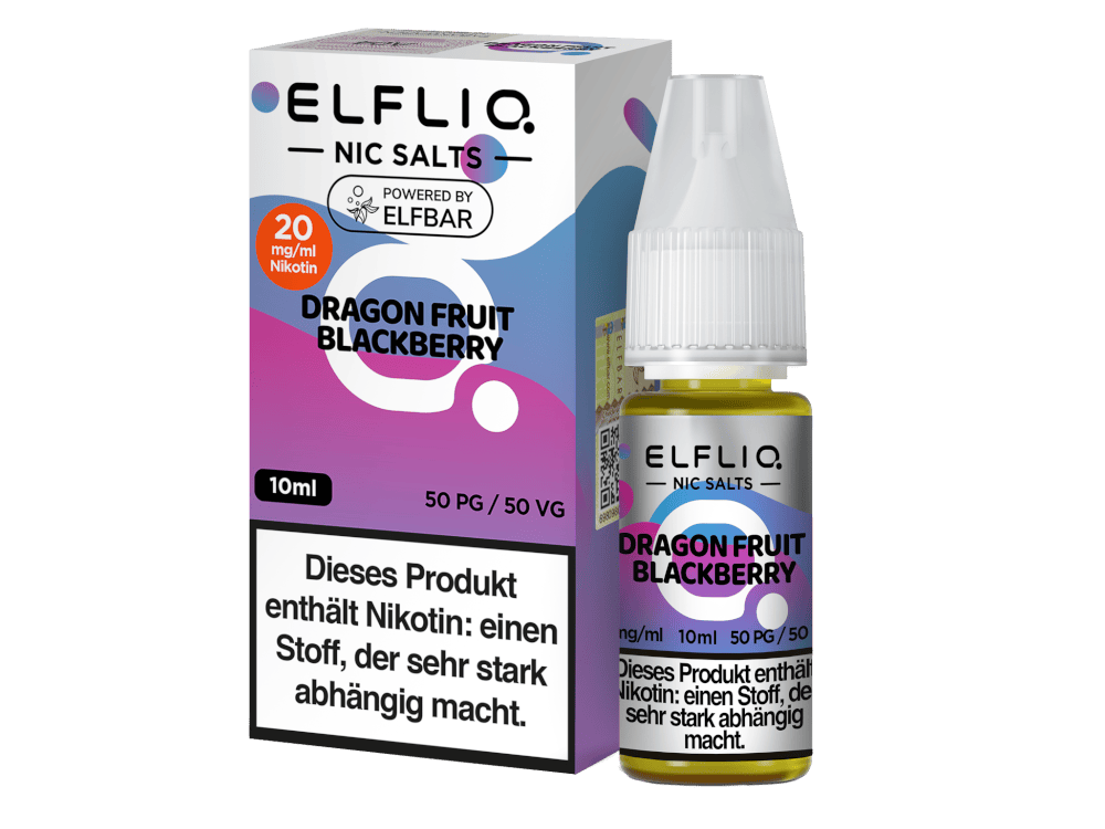ELFLIQ - Dragon Fruit Blackberry - Nikotinsalz Liquid 1 ELFLIQ Dragon Fruit Blackberry Nikotinsalz Liquid – 10 ml Fertigliquid von Elfbar mit exotischer Drachenfrucht und reifer Brombeere. Direkt dampfbar, keine Vorbereitung nötig. Erhältlich in 10 mg/ml und 20 mg/ml. Ideal für Pod-Systeme und MTL-Verdampfer. 50/50 PG/VG-Verhältnis für intensiven Geschmack. Jetzt im LETZ Go Shop bestellen.