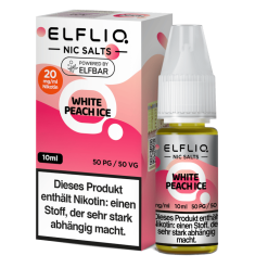 ELFLIQ White Peach Ice: Nikotinsalz-Fertigliquid mit saftigem weißem Pfirsich und kühler Note. 10 ml, 50/50 PG/VG, in 10 und 20 mg/ml für Pod-Systeme.