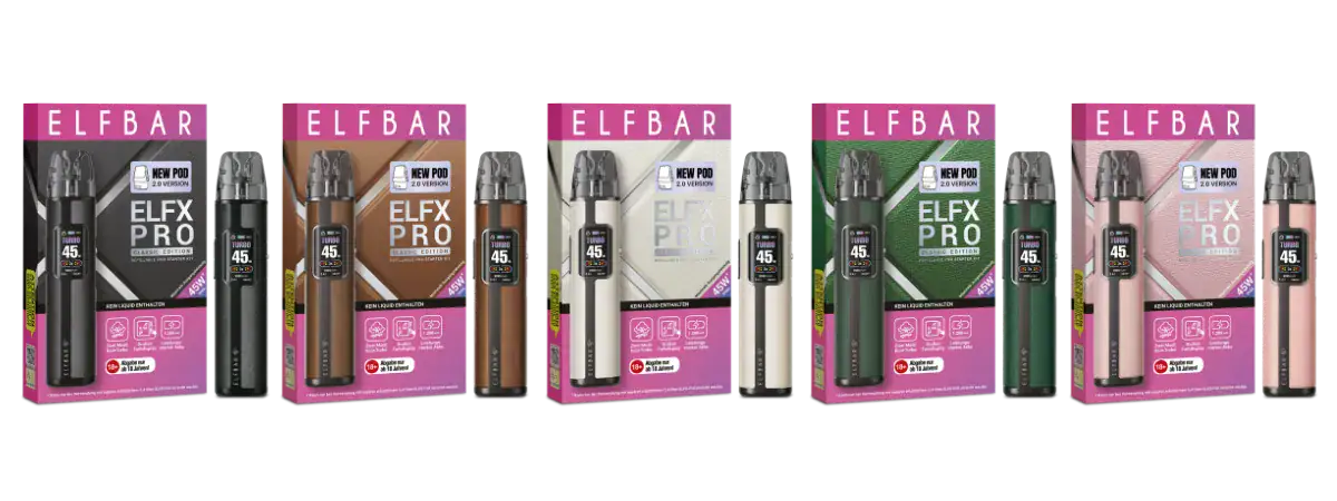 Elfbar Elfx Pro Classic Edition Set mit 1.200 mAh Akku, 0,96" Farbdisplay, ECO/Turbo Modus, zwei Elfx V2.0 Pods (0,6 Ohm & 0,8 Ohm) mit 2 ml Top‑Filling und stufenloser Airflow. USB‑C 5V/2A Ladefunktion, ideal für MTL/RDL‑Nutzer.