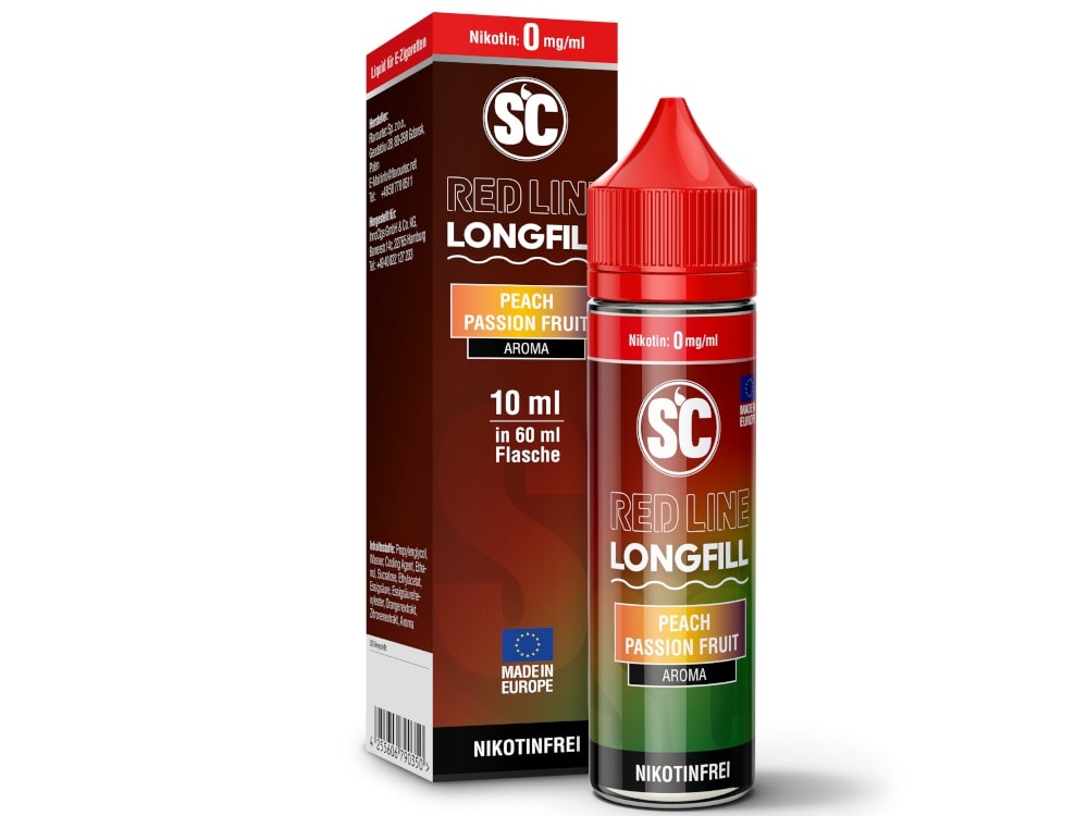 SC Red Line Peach Passion Fruit V2 Longfill 10 ml 1 E-Zigaretten-Aroma Peach Passion Fruit in roter Flasche.