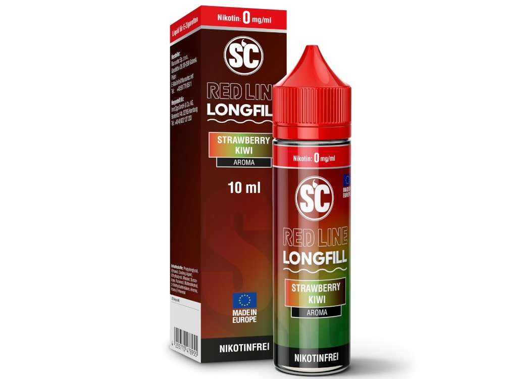 SC Red Line Strawberry Kiwi Longfill 10 ml 1 Ausschnitt eines E-Zigaretten-Liquids in 10 ml Flasche mit Erdbeer-Kiwi-Aroma.