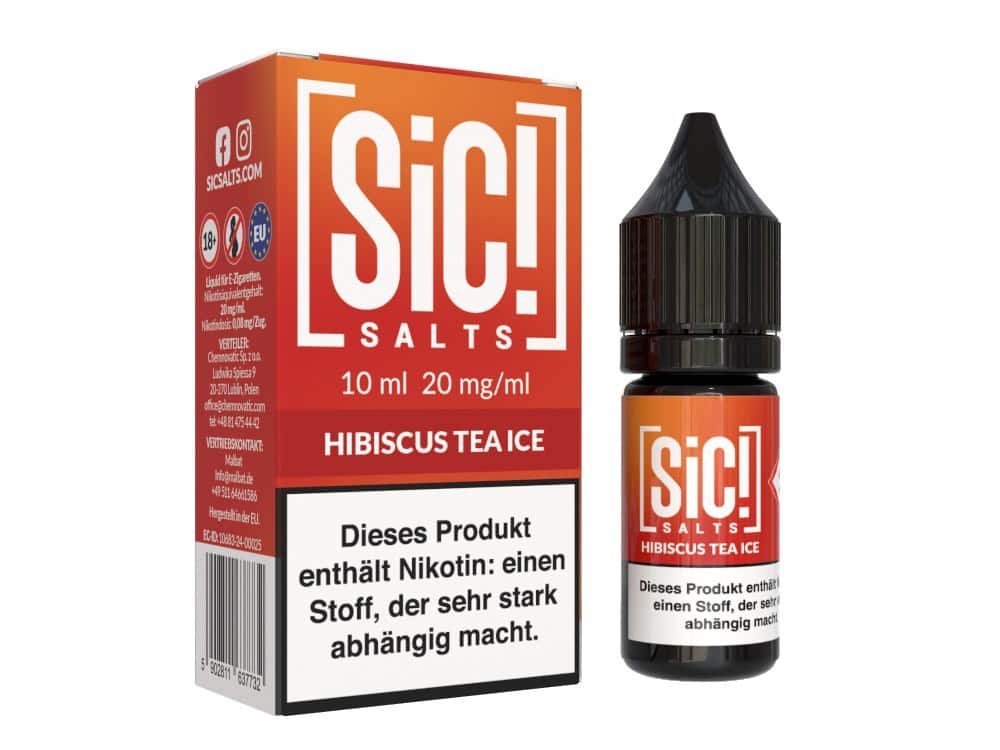 SiC! Salts Hibiscus Tea Ice Nikotinsalz Liquid 1 SIC! Salts Hibiscus Tee Ice E-Liquid in Flasche und Verpackung.