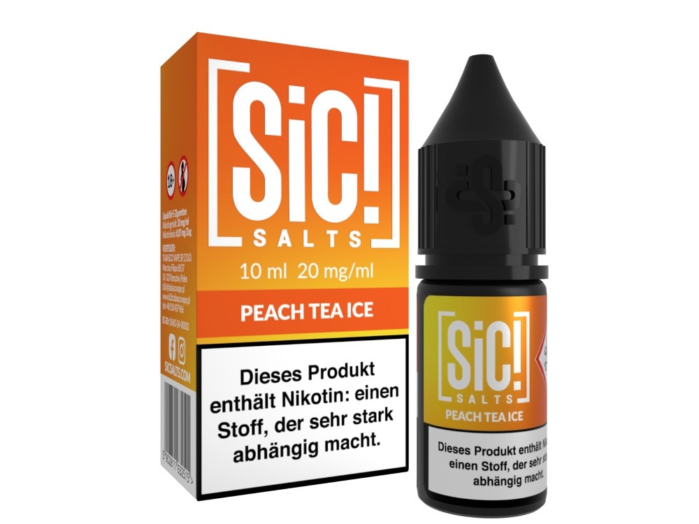 SiC! Salts Peach Tea Ice Nikotinsalz Liquid 1 SIC! Salts Peach Tea Ice E-Liquid in Flasche und Verpackung.