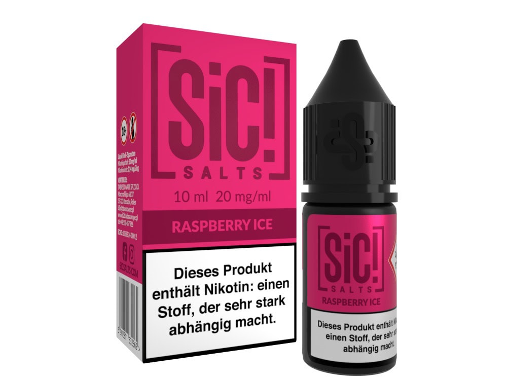 SiC! Salts Raspberry Ice Nikotinsalz Liquid 1 SIC! Salts Raspberry Ice E-Liquid in Flasche und Verpackung, Nikotinwarnung.