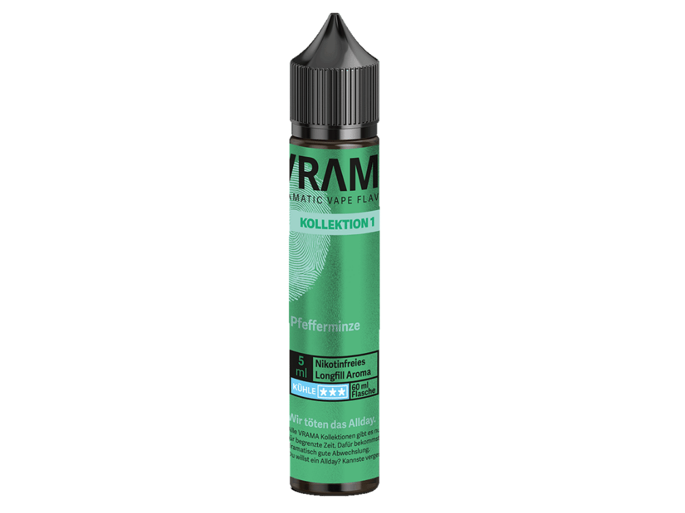 VRAMA - Kollektion 1 - Pfefferminze - Longfill 5 ml 1 VRAMA Longfill Pfefferminze aus der Kollektion 1 mit 5 ml Aroma in der 60-ml-Flasche. Pfefferminze mit Kühle, unverdünnt nicht zum Dampfen geeignet. Mit Base und optional Nikotin auffüllen. Jetzt bei LETZ Go bestellen.