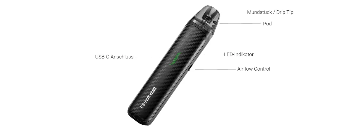 Lost Vape Ursa Nano S3 E-Zigaretten-Set 11 Das Lost Vape Ursa Nano S3 Pod Kit mit 1600 mAh Akku, 30 Watt Leistung und Ursa V3 Cartridge bietet einfache Handhabung, Top-Filling und präzise Airflow für MTL Dampfen.