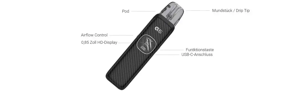 Das Uwell Caliburn G5 Pod Kit überzeugt mit 1600 mAh Akku, 35 Watt, OLED-Display mit 9 Themes und PRO-FOCS 4.0 Technologie. Storm & Waves Mode, Side-Fill, stufenlose Airflow und USB-C Fast Charge. Kompatibel mit Caliburn G3 und G4 Pods – inklusive 0,6 & 0,9 Ohm GPP Alpha Pod.