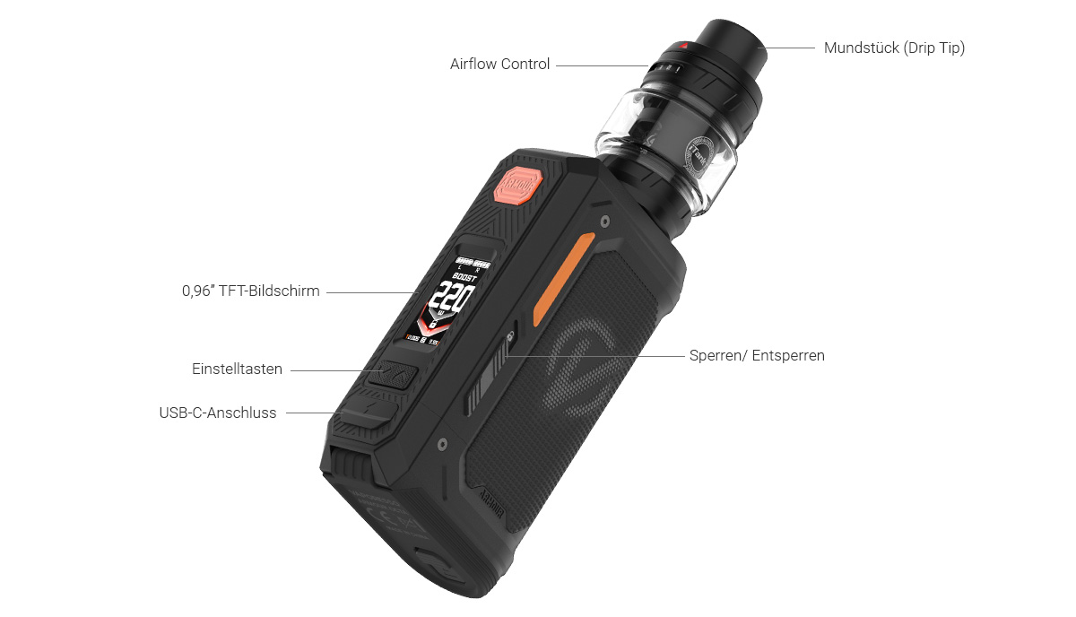 Vaporesso Armour Octa Set: 220-Watt-Mod mit AXON 3.0 Chip, BOOST-Modus und IP6X/IPX8/IPX9K-Schutz, kombiniert mit dem iTank T Dual Mesh Clearomizer (6 ml). Inklusive GTi Dual Mesh Coils (0,2 und 0,4 Ohm) für DL-Dampfen sowie Ersatzglas, Dichtungsringen und Tankschutz. Jetzt im Onlineshop bestellen.