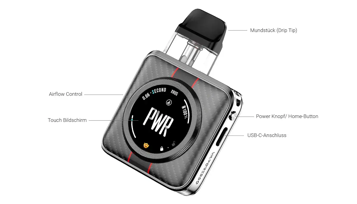 Hochwertiger Vaping-PC mit robustem Design und vielfältigen Einstellmöglichkeiten, inklusive USB-C-Anschluss und Power-Button. Perfekt für Dampfer, die Qualität und Leistung suchen.