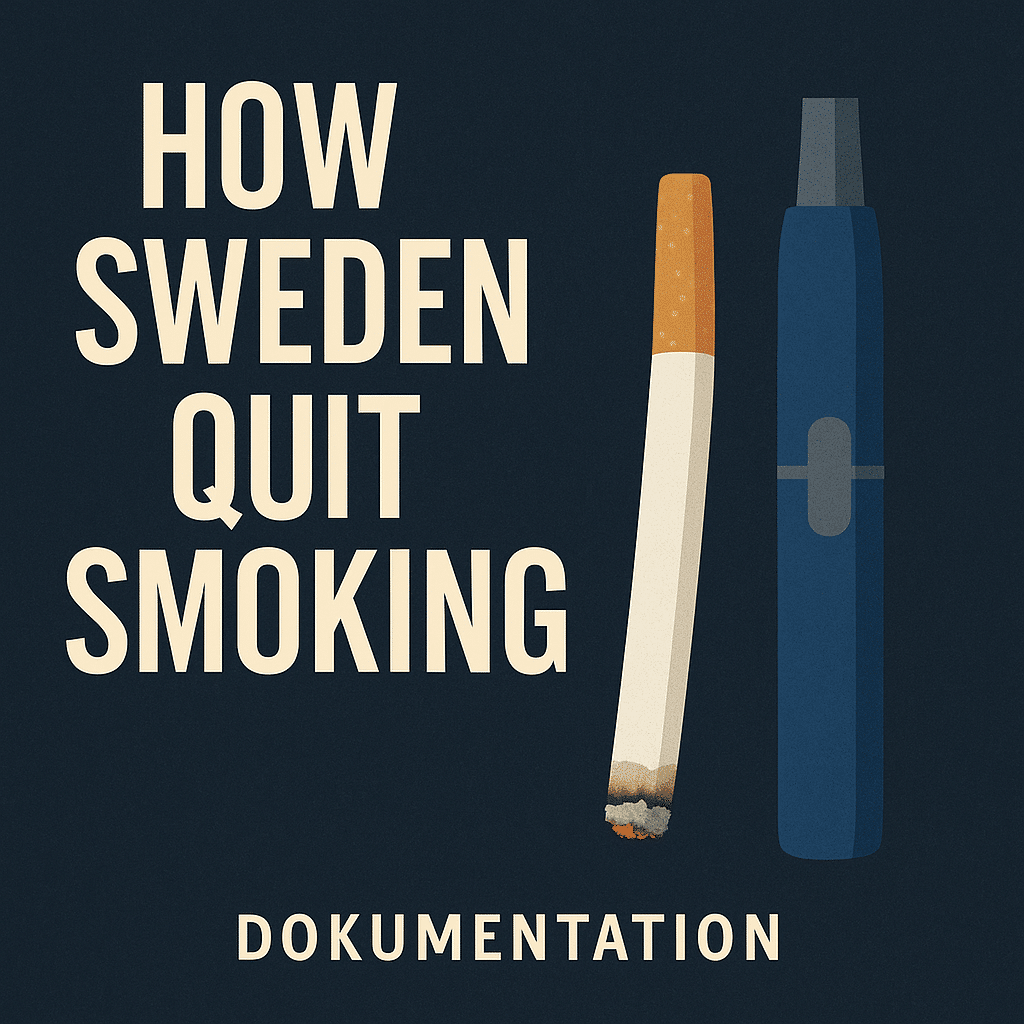 Beitragsbild zur Dokumentation ‚How Sweden Quit Smoking‘ mit Illustration einer Zigarette und einer E-Zigarette – Fokus auf Harm Reduction und der Aussage ‚E-Zigarette weniger schädlich.