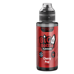 Big Bottle Cherry Pop ist ein nikotinfreies 10 ml Longfill-Aroma in der 120 ml Flasche mit süßem Kirschlolli-Geschmack. Zum Anmischen mit Base und optionalen Nikotinshots geeignet, nicht unverdünnt verwenden, kurze Reifezeit empfohlen.