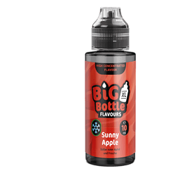 Big Bottle Sunny Apple Longfill (10 ml in 120 ml Flasche) verbindet saftigen roten Apfel mit einer dezenten Cooling‑Note; nikotinfrei, zum Auffüllen mit Base und optionalen Nikotinshots, kurz reifen lassen für besten Geschmack.