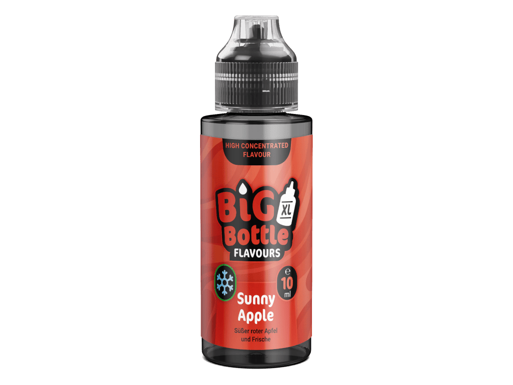 Big Bottle Sunny Apple 10 ml 1 Big Bottle Sunny Apple Longfill (10 ml in 120 ml Flasche) verbindet saftigen roten Apfel mit einer dezenten Cooling‑Note; nikotinfrei, zum Auffüllen mit Base und optionalen Nikotinshots, kurz reifen lassen für besten Geschmack.