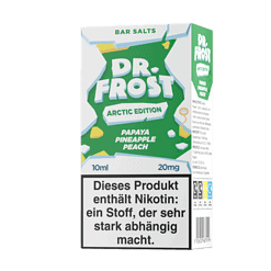 Dr. Frost Arctic Edition Papaya Pineapple Peach Nikotinsalz Liquid - %wc_price% SEO-Beschreibung: Dr. Frost Arctic Edition Papaya Pineapple Peach ist ein gebrauchsfertiges Nikotinsalz Liquid mit Papaya, Ananas, Pfirsich und kühler Frische. 10 ml Flasche, erhältlich in 10 mg/ml und 20 mg/ml.