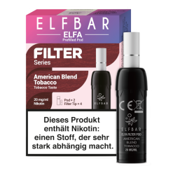 Elfbar Elfa Pod Filter Series mit austauschbaren Soft-Filtern für authentisches Zuggefühl. 2x prefilled Pods à 2,0 ml, 20 mg/ml Nikotinsalz, kompatibel mit Elfa Akku, Master & Turbo Pro. Erhältlich in American Blend Tobacco und Cream Tobacco. Jetzt entdecken.