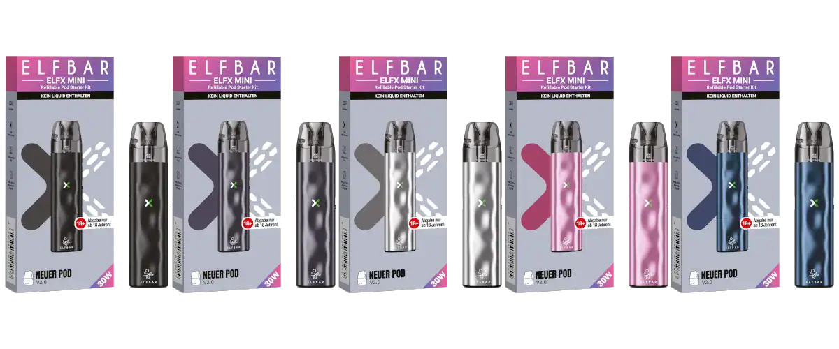 Elfbar Elfx Mini E-Zigaretten Set 4 Elfbar Elfx Mini E-Zigaretten Set in verschiedenen Farben, kompakte E-Zigaretten für unterwegs, ideal für Dampfer.
