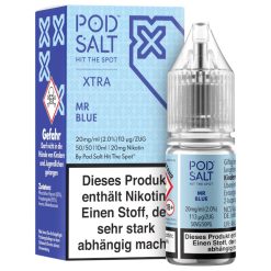 Pod Salt X Mr Blue: Nikotinsalz Liquid mit saftigen Beeren und dezenter Menthol-Note. 10 ml, fertig gemischt, wahlweise 10 mg oder 20 mg.