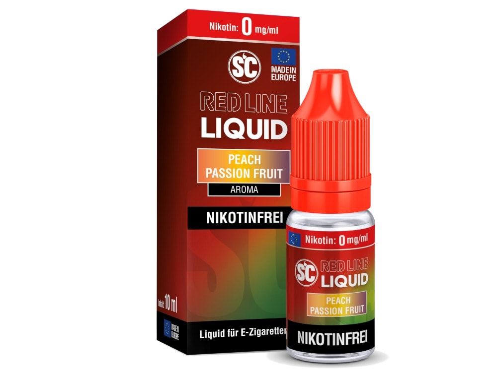 SC - Red Line - Peach Passion Fruit V2 - Nikotinsalz Liquid 1 E-Zigaretten-Aroma Peach Passion Fruit in rotem Fläschchen.
