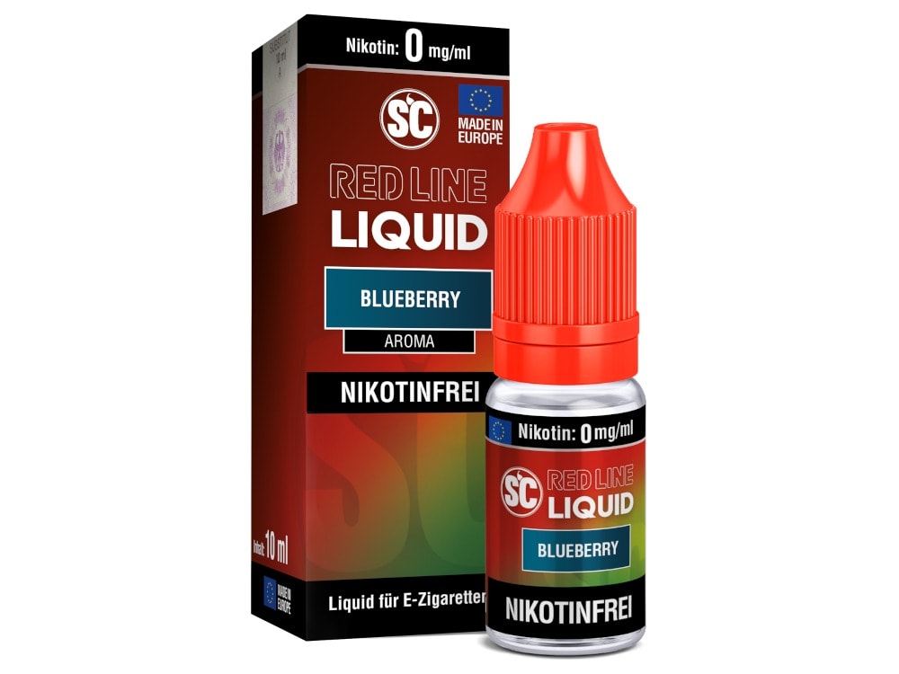 SC - Red Line Nikotin - Blueberry 1 E-Zigaretten Liquid in blauer Beeren-Note, Flasche und Verpackung.