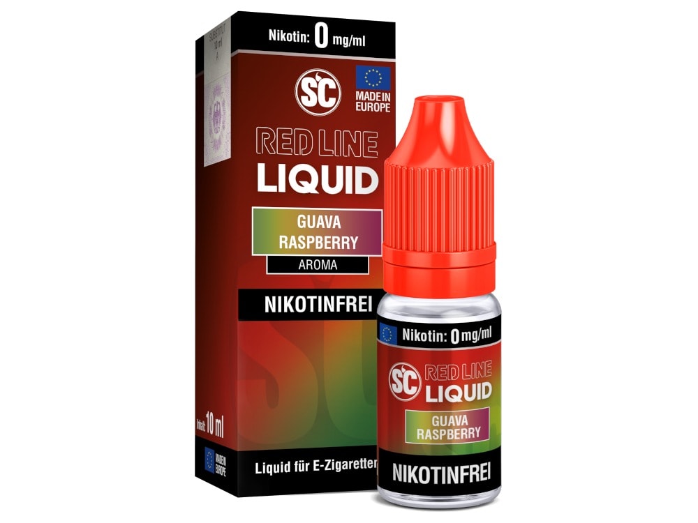 SC - Red Line Nikotin - Guava Raspberry 1 Flasche mit Guava Raspberry E-Liquid und Verpackung im Hintergrund.