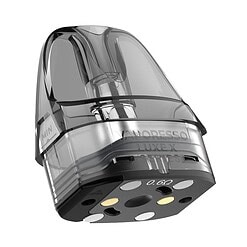 Vape-Pod mit transparentem Gehäuse und goldenen Kontakten.