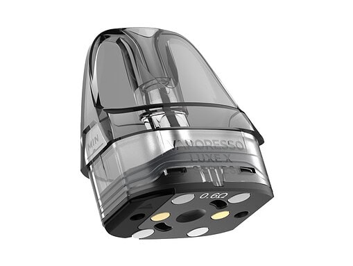 Vape-Pod mit transparentem Gehäuse und goldenen Kontakten.