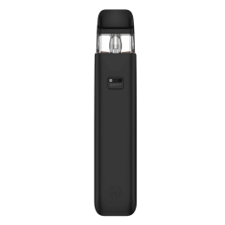 Tragbares E-Zigaretten-Gerät in Schwarz mit Tank und Knopf.