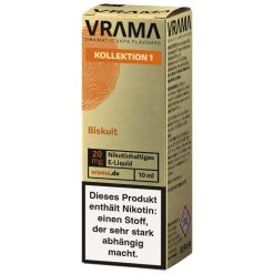 VRAMA Biskuit Nikotinsalz Liquid aus der Kollektion 1 in der 10-ml-Flasche. Geschmack nach Biskuitgebäck, wählbar mit 0, 10 oder 20 mg/ml Nikotin. Fertig zum direkten Gebrauch. Jetzt bei LETZ Go bestellen.