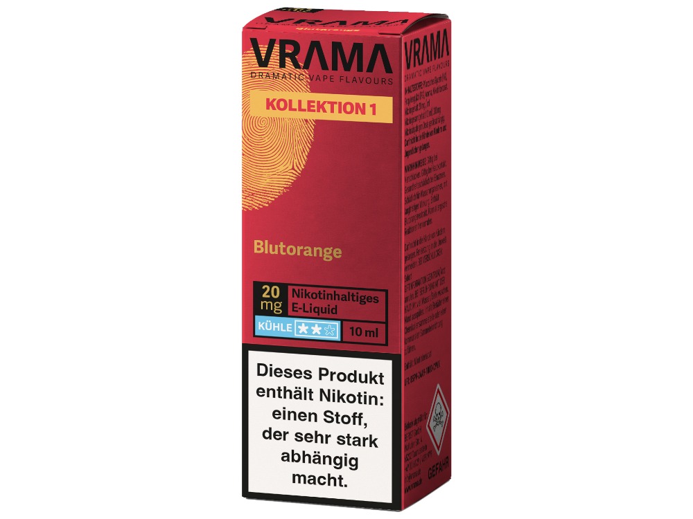 VRAMA - Kollektion 1 - Blutorange Nikotinsalz Liquid 1 VRAMA Blutorange Nikotinsalz Liquid aus der Kollektion 1 in der 10-ml-Flasche. Blutorange mit kühler Komponente, wählbar mit 0, 10 oder 20 mg/ml Nikotin. Sofort einsatzbereit, ohne Anmischen. Jetzt bei LETZ Go bestellen.